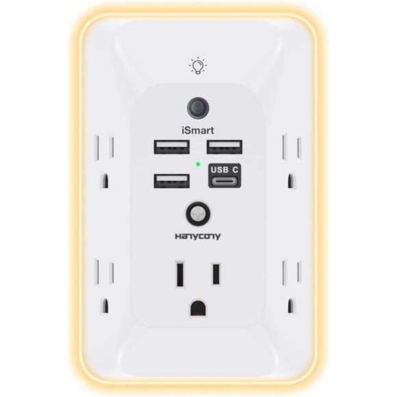 Outlet Extender with NightLight,Multi PlugOutlet,USB Wall Charger SurgeProtector